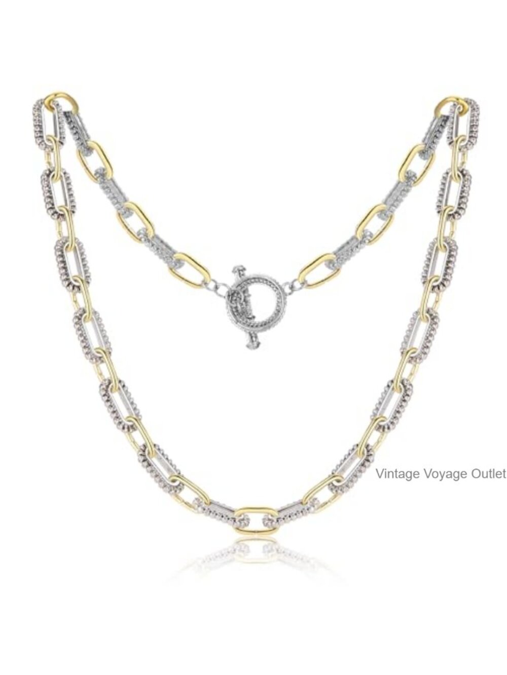 2 Tone Link Chain Necklace Plated Silver Adjustable Women